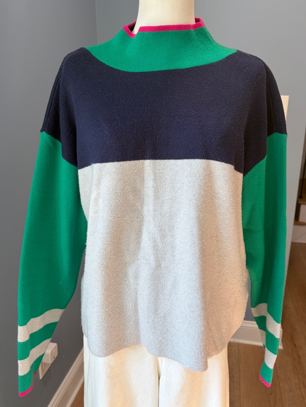 Maeve Anthropologie Colorblock Mock Neck Sweater Green Navy Gray Pink S